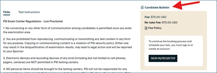 Screenshot of a PSI exam registration page showing FAQs about live proctored exam center regulations, with a sidebar displaying a $75 USD exam fee and a Sign In/Register button. A red arrow points to the Candidate Bulletin link in the upper right.