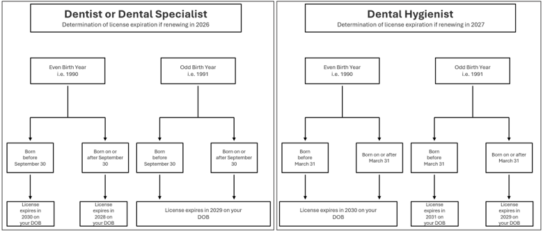 Flowchart showing dental license expiration dates based on birth year and whether renewal falls before or after the licensee's birthday cutoff. Full details provided in the text below the image.